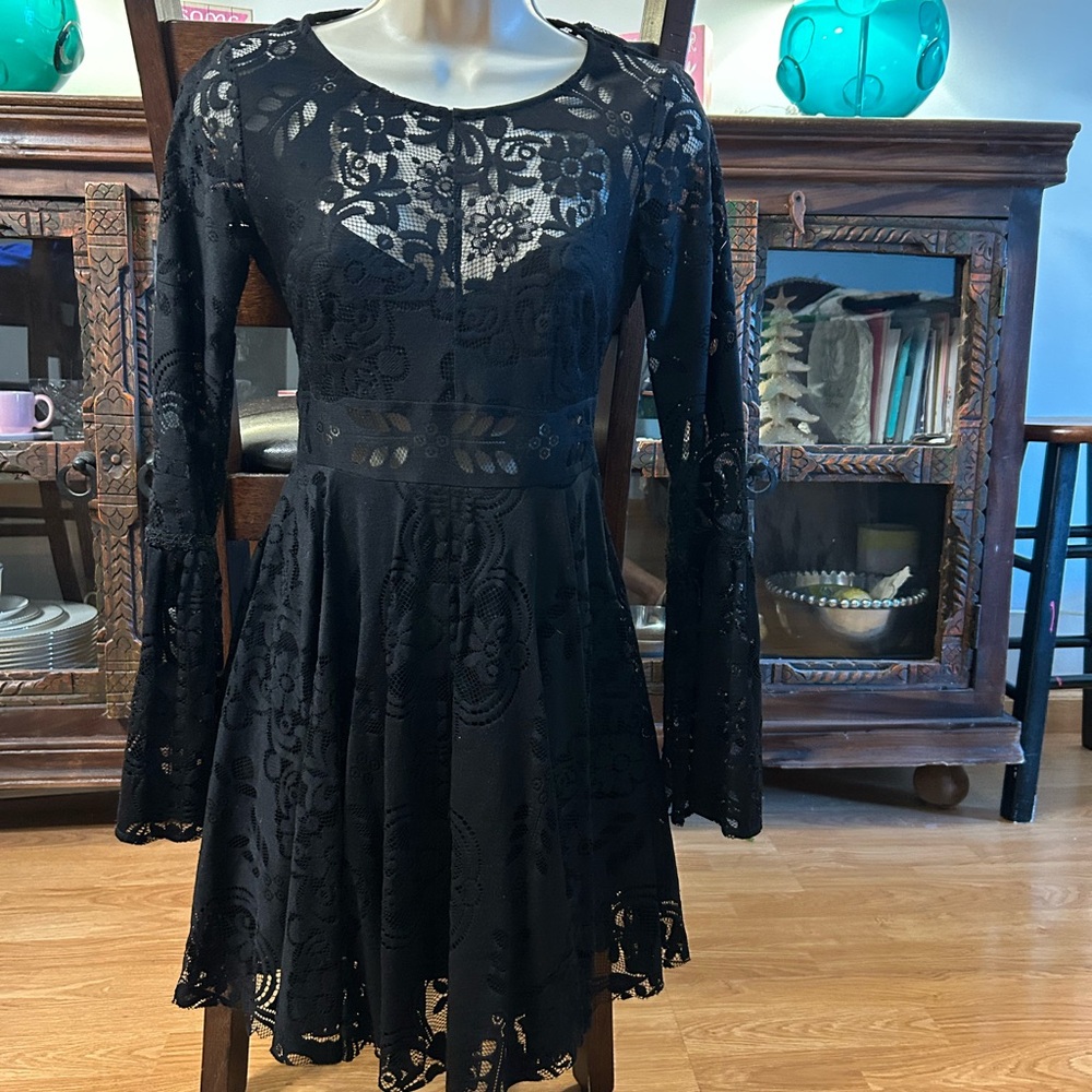 Free People lined Black Lace Dress with Keyhole back.